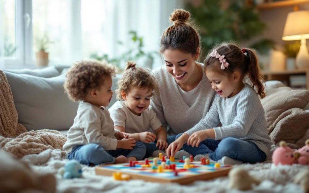 Une baby-sitter souriante joue à un jeu de société avec deux enfants dans un salon cosy et lumineux, assis autour d'une table basse, ambiance chaleureuse avec une douce lumière dorée filtrant par la fenêtre.