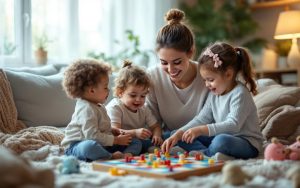 Une baby-sitter souriante joue à un jeu de société avec deux enfants dans un salon cosy et lumineux, assis autour d'une table basse, ambiance chaleureuse avec une douce lumière dorée filtrant par la fenêtre.