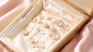 Un écrin élégant contenant plusieurs bijoux d’enfant, disposés avec soin sur un fond doux et lumineux aux tons pastel, ambiance familiale raffinée.