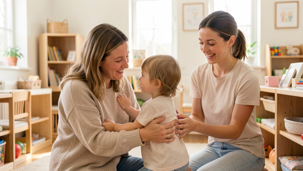 Une mère rassure doucement son jeune enfant à son arrivée en crèche, tandis qu’une professionnelle accueillante les reçoit dans une ambiance lumineuse et sereine.