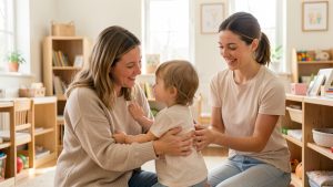Une mère rassure doucement son jeune enfant à son arrivée en crèche, tandis qu’une professionnelle accueillante les reçoit dans une ambiance lumineuse et sereine.