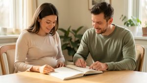 Un futur père et une future mère enceinte consultent ensemble un carnet de préparation à la naissance sur une table lumineuse, dans une ambiance douce et réaliste.