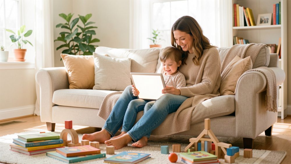 Une mère et son jeune enfant regardent ensemble une tablette dans un salon lumineux, entourés de livres et de jeux au sol, dans une ambiance familiale apaisée.