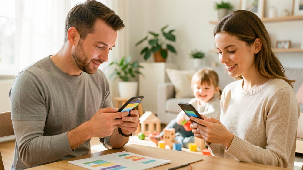 Deux parents séparés consultent calmement leurs smartphones tandis qu’un enfant joue dans une maison lumineuse.