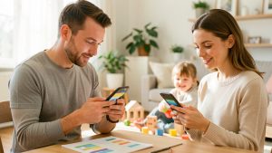 Deux parents séparés consultent calmement leurs smartphones tandis qu’un enfant joue dans une maison lumineuse.