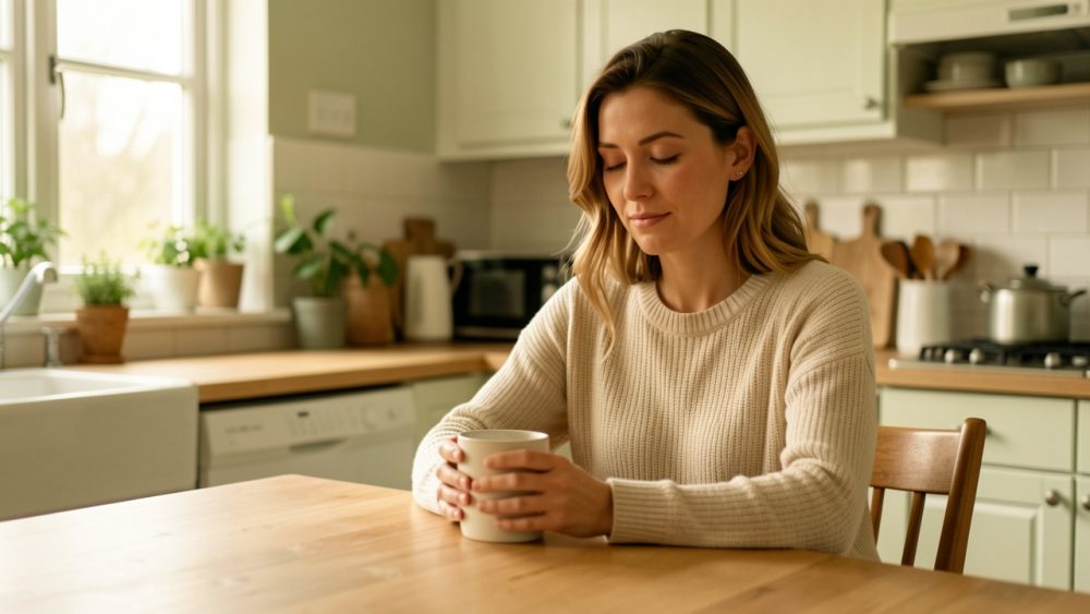 Une mère assise calmement dans une cuisine en fin de journée, le visage fatigué mais apaisé, baignée de lumière naturelle dans une ambiance familiale douce.