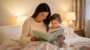 Une mère et son tout-petit partagent un moment de lecture dans une chambre douce et chaleureuse avant le coucher.